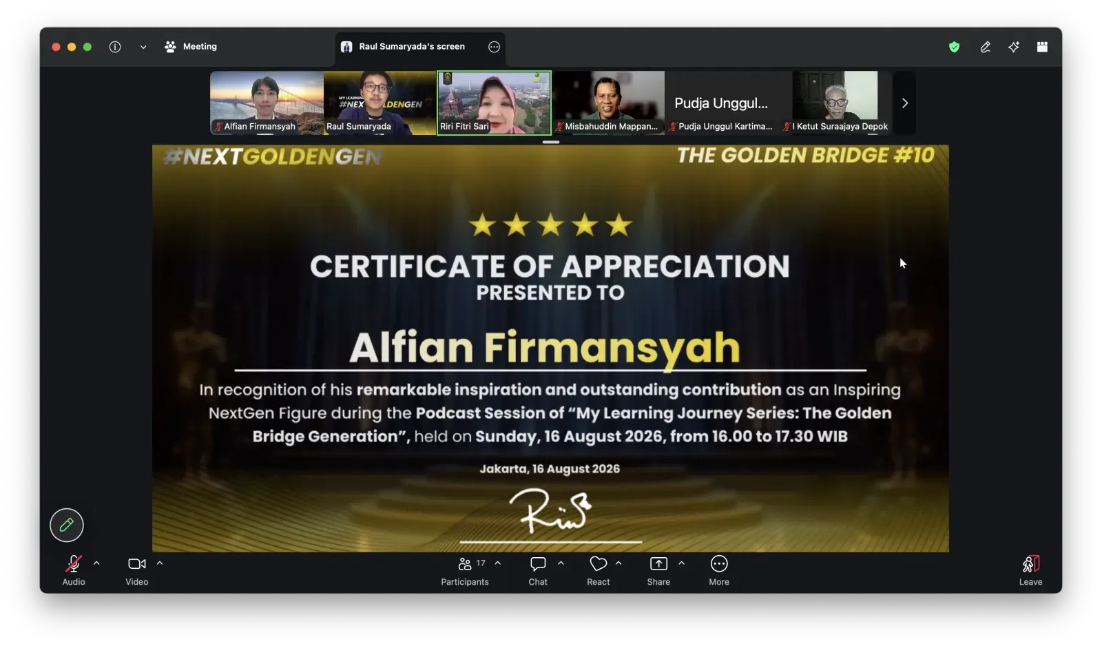 Certificate shared on screen during the session
